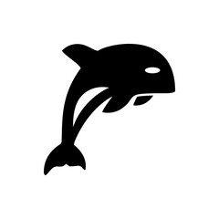 Silhouette of a killer whale jumping out of the water with its tail visible and a white eye detail