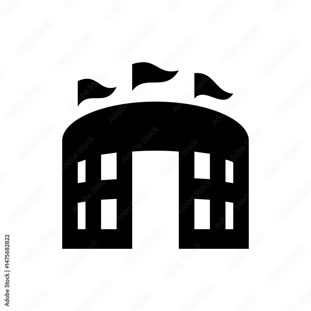Poster illustration of a black stadium with three flags on top and rectangular windows in a simple graphic 
