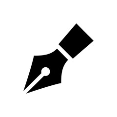 A minimalistic black and white illustration of a classic fountain pen with a visible nib and ink reservoir area