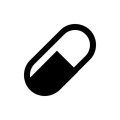 Illustration of a black and white capsule pill with a visible division line in the center area design