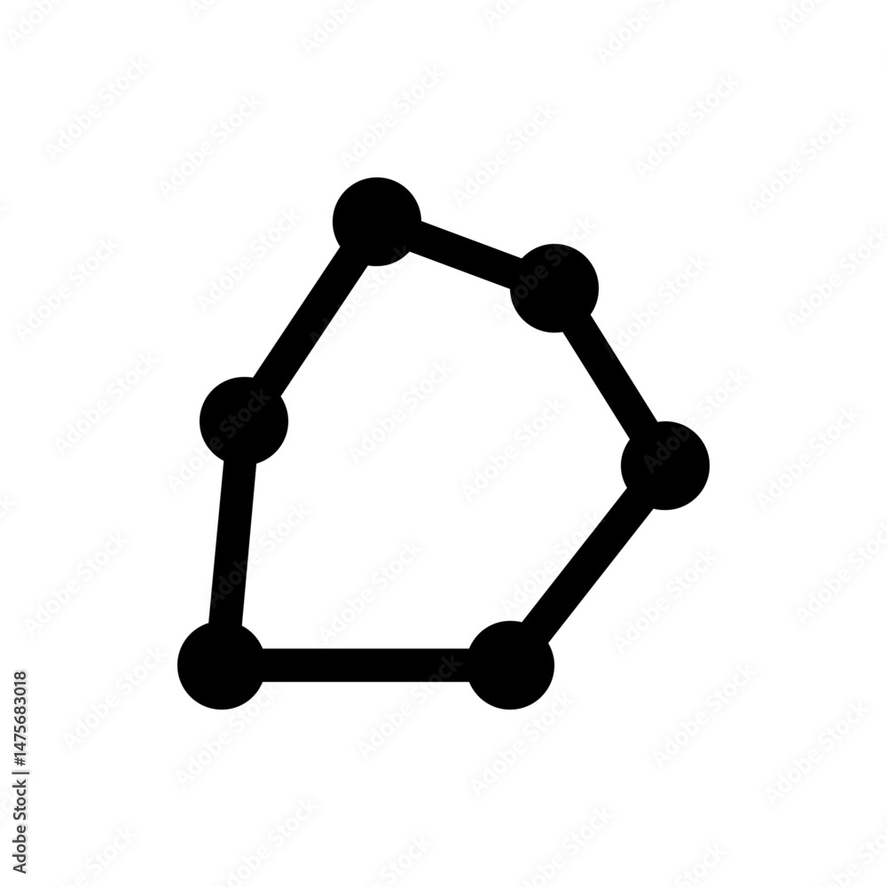 Poster a geometric shape with six black circles connected by thick black lines creating a closed polygon sh