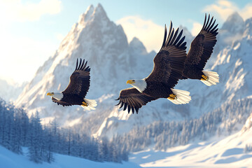 Obraz premium Majestic bald eagles soaring over a snowy mountain landscape with pine trees in the foreground