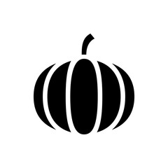 Illustration of a simple black pumpkin with vertical lines and a curved stem on a white background design