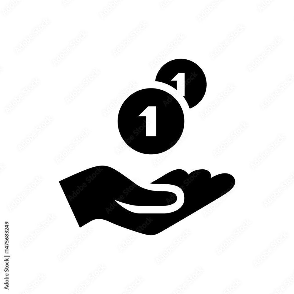 Poster hand holding two coins with the number one on them in a simple black and white vector illustration
