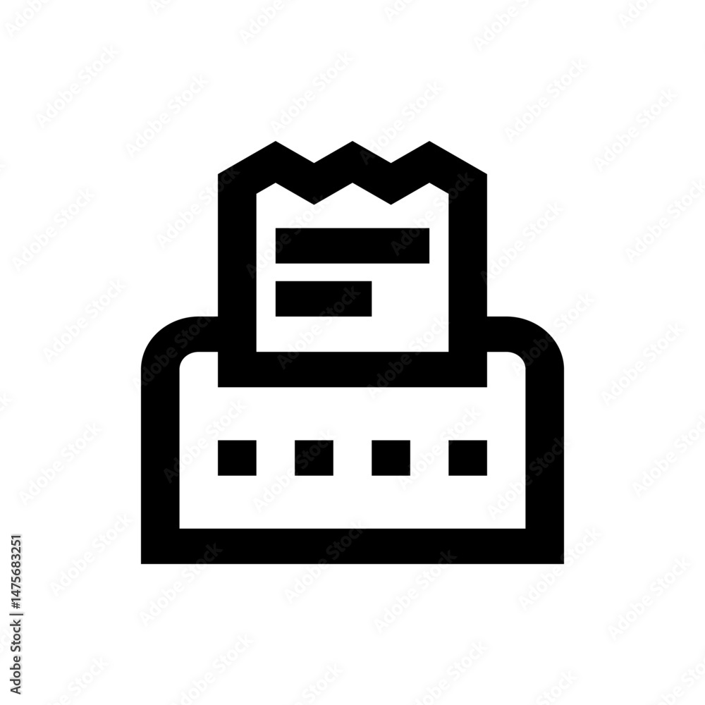 Poster black and white icon of a receipt printer with a jagged edge paper output and three square indicator