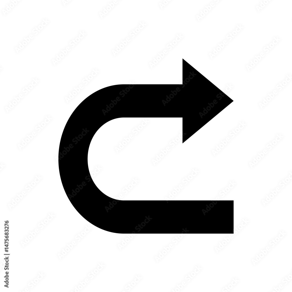 Poster black curved arrow pointing right with a u turn shape on a white background in a simple vector graph