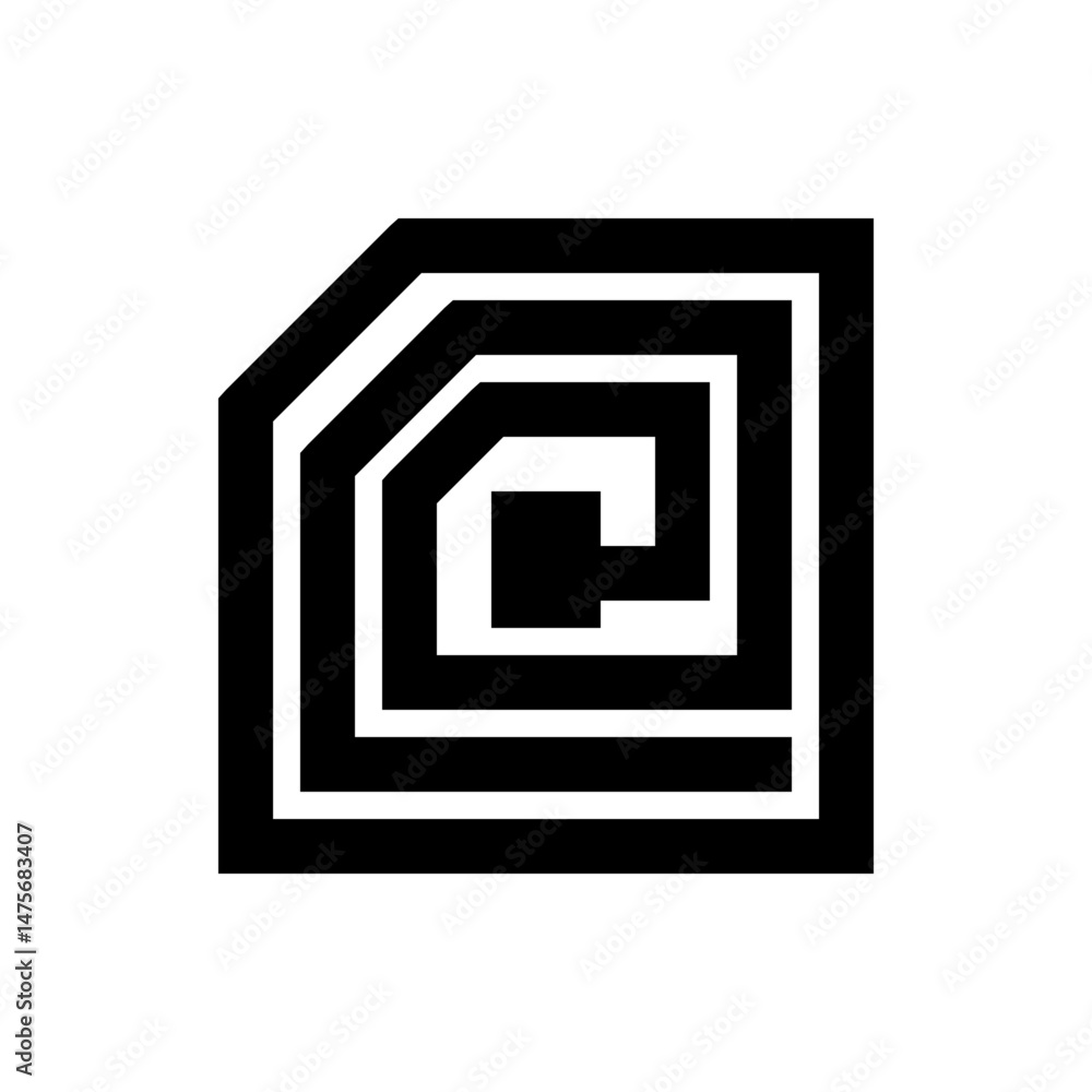 Poster abstract black and white design featuring a geometric maze with a square center and angled lines top