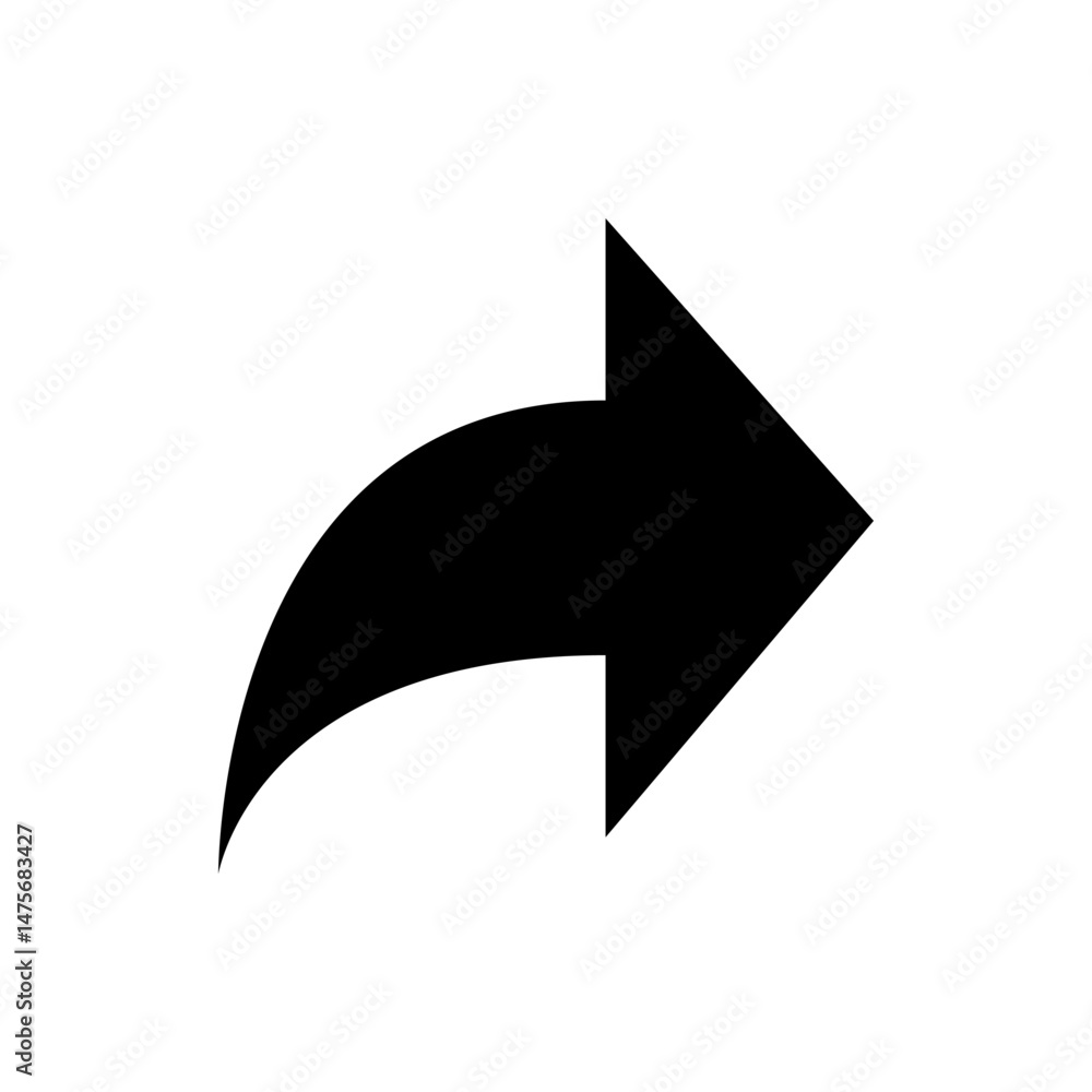 Poster illustration of a solid black arrow pointing to the right with a curved tail on a white background i