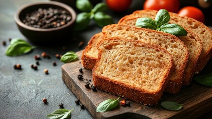 Freshly Sliced Brown Bread on Wooden Cutting Board Surrounded by Cherry Tomatoes, Black Pepper, and Fresh Basil Leaves in Rustic Kitchen Setting