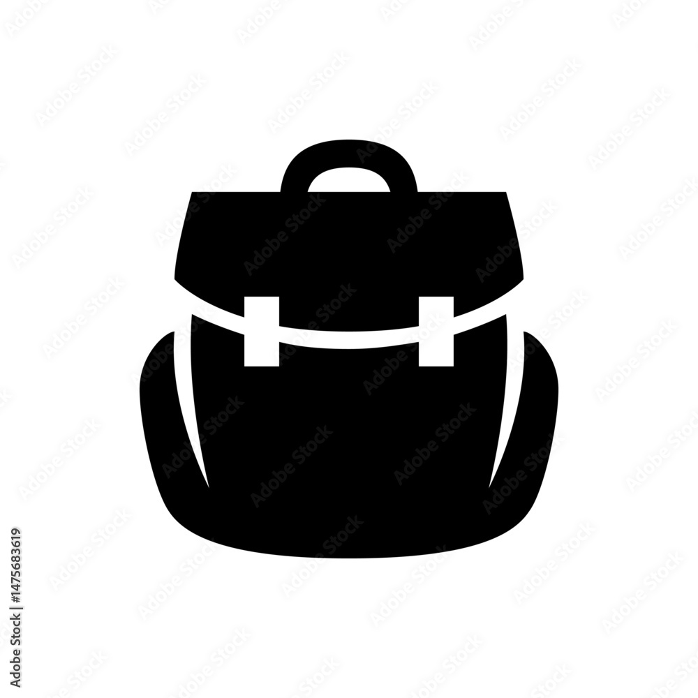 Poster a simple black and white vector illustration of a closed backpack with a handle on top and buckle 99