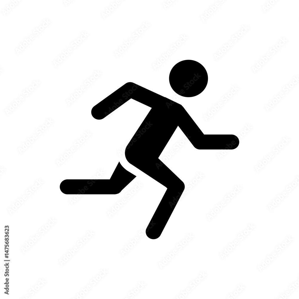 Poster silhouette of a stick figure running with arms extended and legs in motion on a white background des