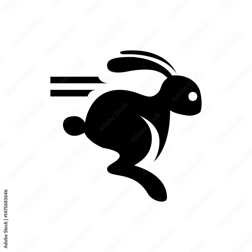Poster black silhouette of a rabbit running with elongated ears and a fluffy tail expressing speed and agil
