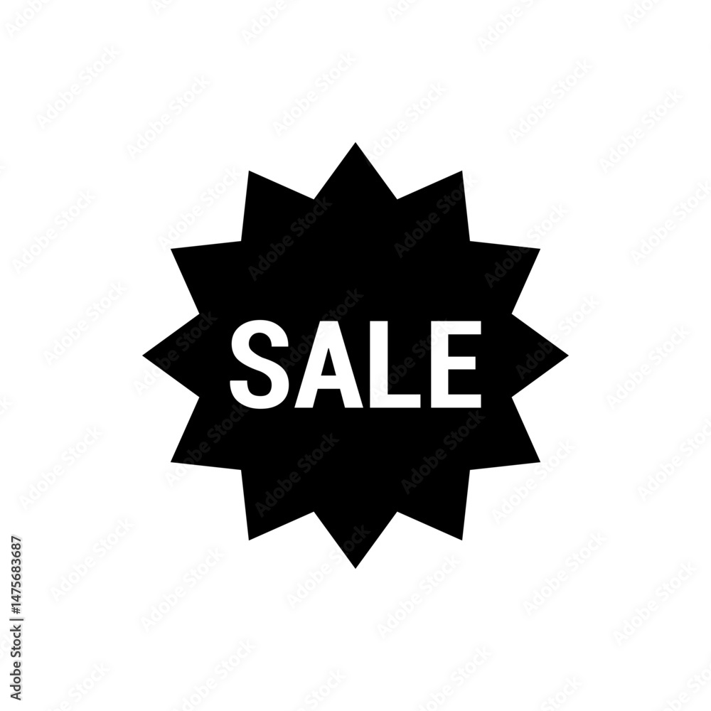 Poster black starburst shape with sharp points displaying the word sale in bold white letters in the center