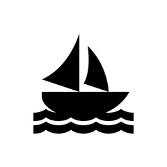 Silhouette of a sailboat with two sails on wavy water in black and white simple design, nautical theme shown