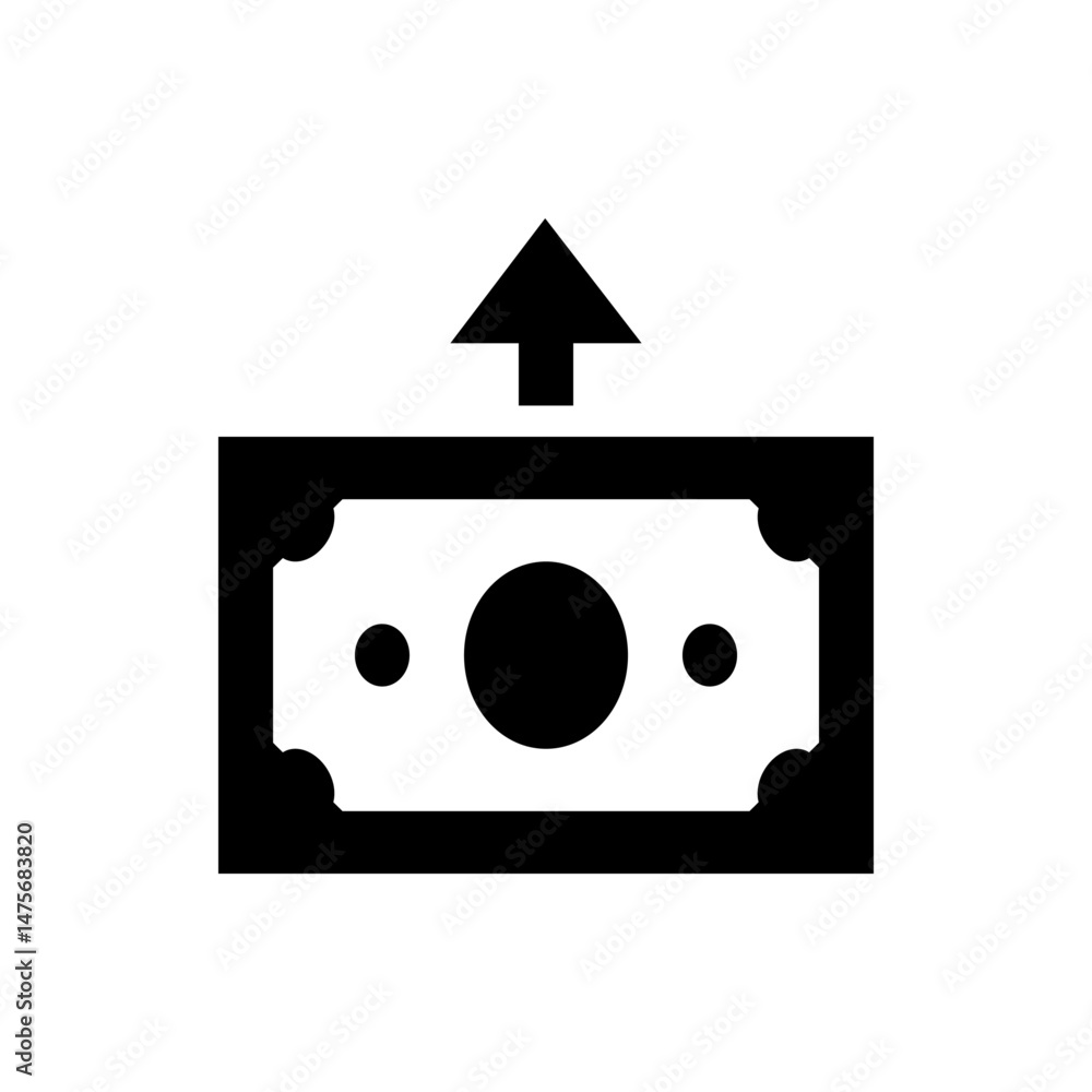 Poster an illustration of a paper bill with two circles and an upward pointing arrow above it in black and 