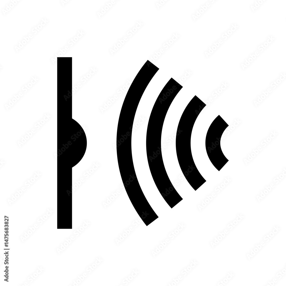 Poster black and white illustration of a sensor with radiating signal waves emanating from the right side o