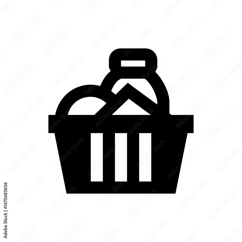 Poster a black and white graphic of a shopping basket with a handle and some items inside the basket design