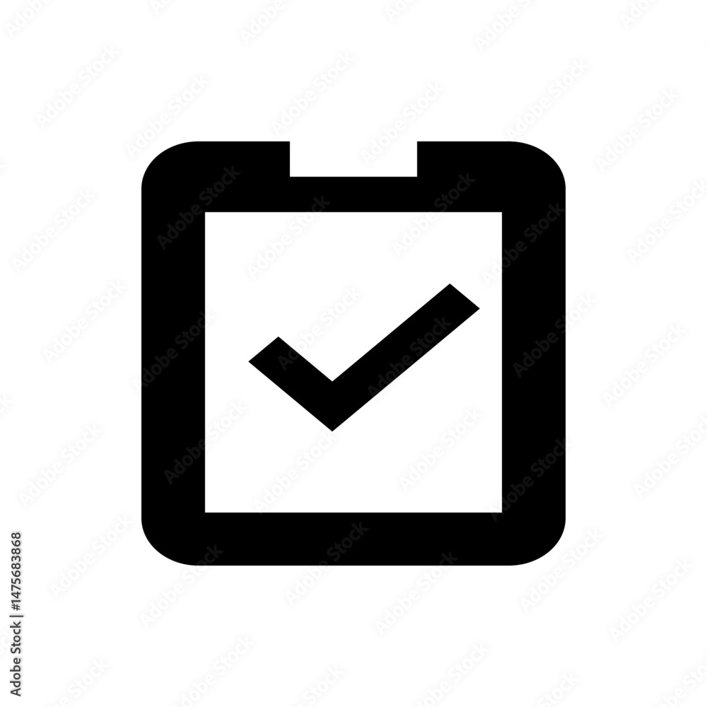 Poster black outlined rectangle with rounded corners enclosing a black check mark on a white background ico