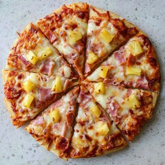 Delicious Hawaiian pizza with ham and pineapple on a white background top view
