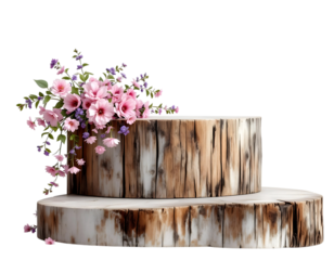 Rustic Wooden Display Stand with Delicate Pink and Purple Flowers. A charming, two-tiered wooden stump display stand, perfect for showcasing small items Transparent Isolated Background
