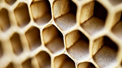 Close-up of Golden Honeycomb Pattern with Geometric Shapes and Texture