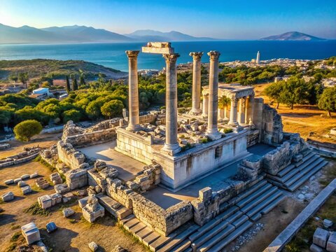 Aerial Drone View of Apollo Temple Didim Turkey Ancient Ruins  Sunlit Landscape