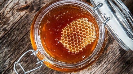 Raw Honey Jar with Honeycomb on Rustic Wooden Table