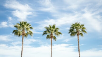 Palm trees sway under the blue sky with clouds