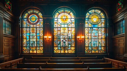Fototapeta premium Courtroom lit by stained glass windows depicting historical legal battles dramatic lighting