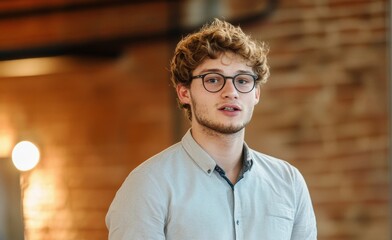 Obraz premium young startup founder speaking at accelerator event. Elevator pitch. Business networking. Motivational speaker.