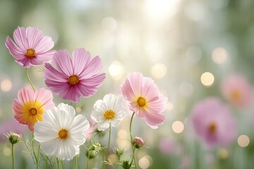 Delicate Cosmos Flowers Blooming in Soft Natural Light Background