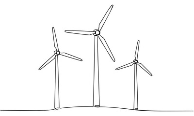 Wind farm turbine alternative energy at the sea continuous one line drawing. Renewable source energy concept vector illustration in doodle style. Contour line sign for innovation, environment design. © Vasyl Yurlov