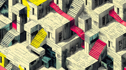 Abstract city architecture, intricate staircases, urban maze, background texture, design concept