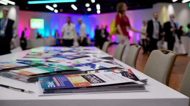 Busy conference setting with informative brochures and engaged attendees in professional ambiance