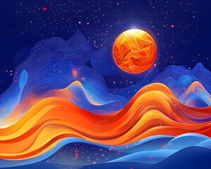 Orange and blue abstract planet landscape, space background, cosmic art, website banner