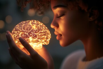 Mental Health: A close-up of a diverse person with a calm expression, holding a glowing brain model