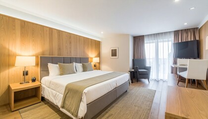 朝日の差し込むナチュラルモダンなホテルルーム