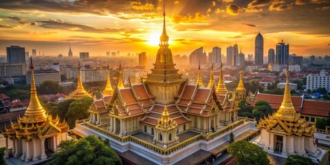 Fototapeta premium Aerial View Golden Temple Bangkok Cityscape Double Exposure Thailand
