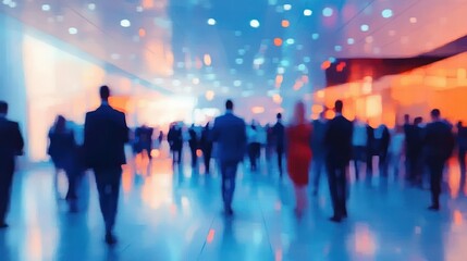 blurry view of people walking through a bright, modern indoor space with blue and orange lighting creating a busy, dynamic atmosphere