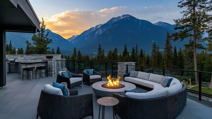 Modern Outdoor Fire Pit with Seating and Mountain View at Dusk