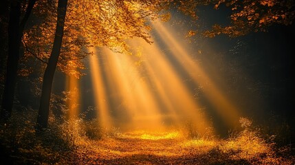 Sun rays shining through the trees in a forest path during the autumn season with fallen leaves