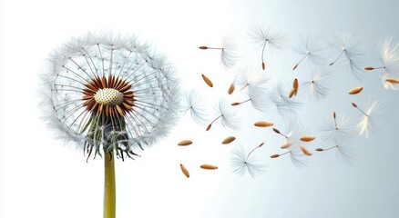 Close-up of a dandelion flower releasing its seeds floating gently in the air against a light background, symbolizing nature and movement