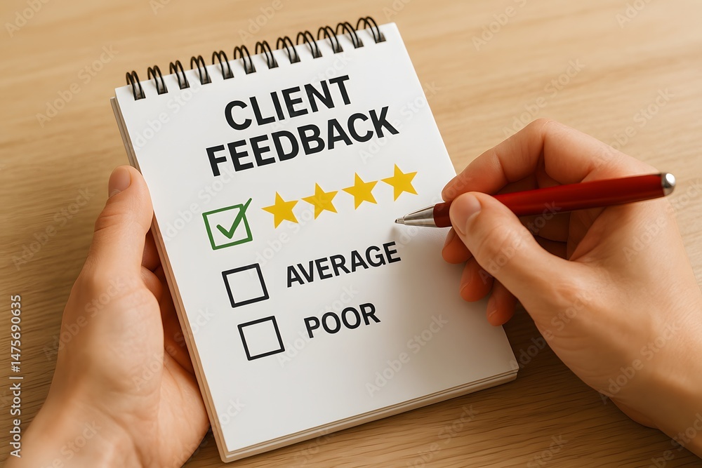 Poster a person rates client feedback with five stars on a notepad. concept of customer satisfaction and se