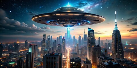 Alien Spaceship Hovering Over Futuristic Cityscape at Night - Sci-Fi Landscape