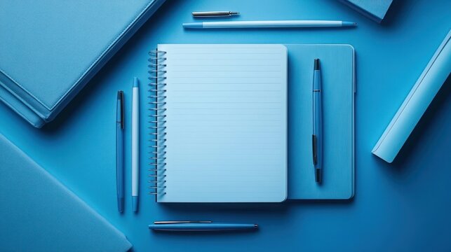 Flat lay of various blue stationery items including notebooks, pens, and pencils arranged on a blue background evoking a calm and organized workspace
