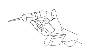 Continuous line drawing of hand engineer holding drill machine. Single line art of repair construction maintenance service tool equipment. Vector illustration editable stroke