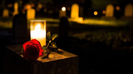 Single Red Rose and Lit Candle on Gravestone at Night