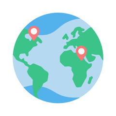World globe with map pins and continents
