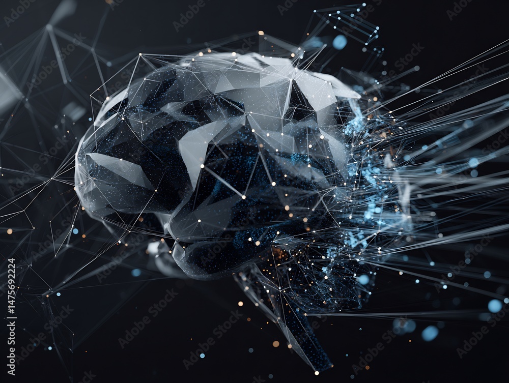 Poster intricate polygon brain network with futuristic data streams and technology