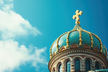 Obraz premium A cross on top of the church's dome against the blue sky Generative AI